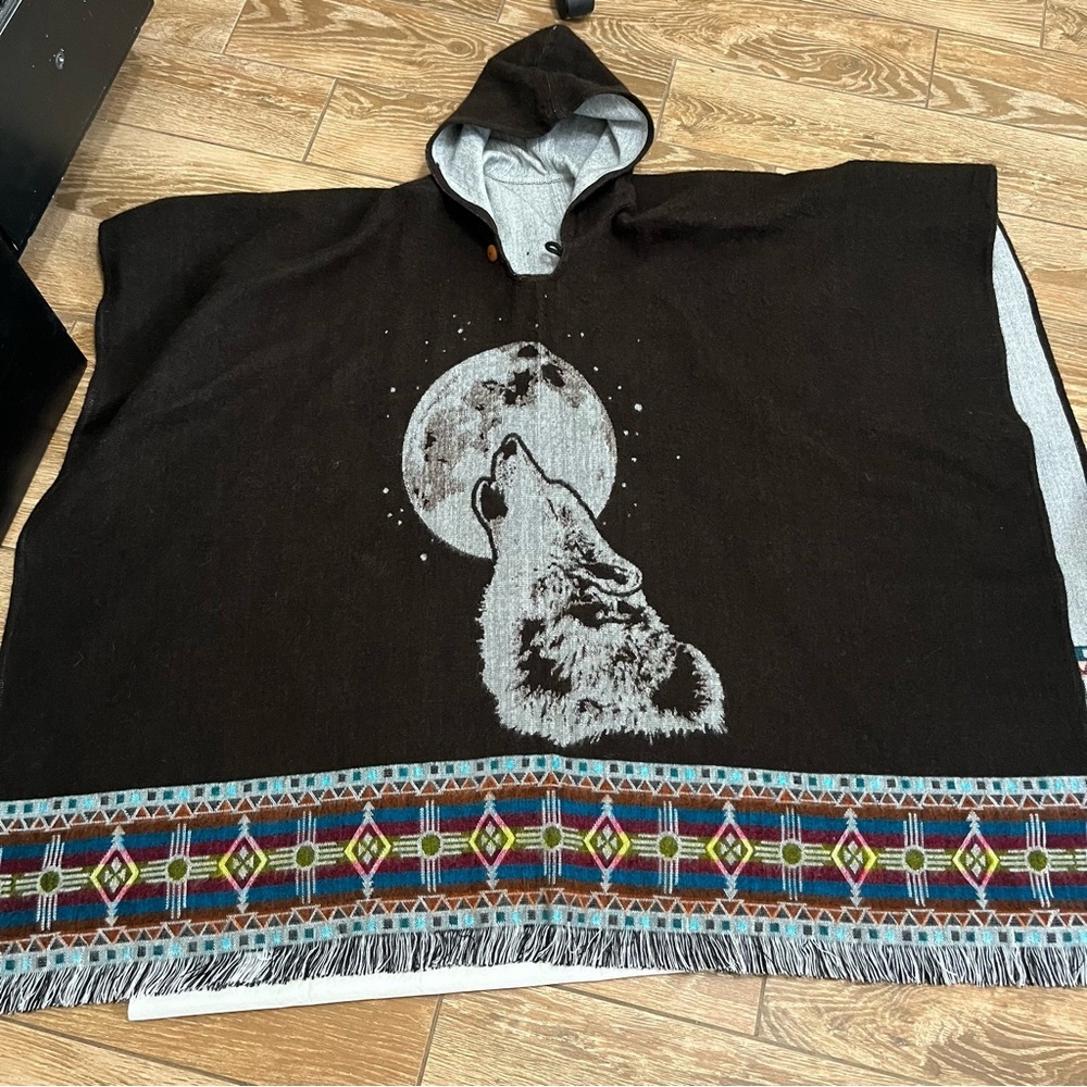 Vintage Wool Blend Wolf Poncho Blanket